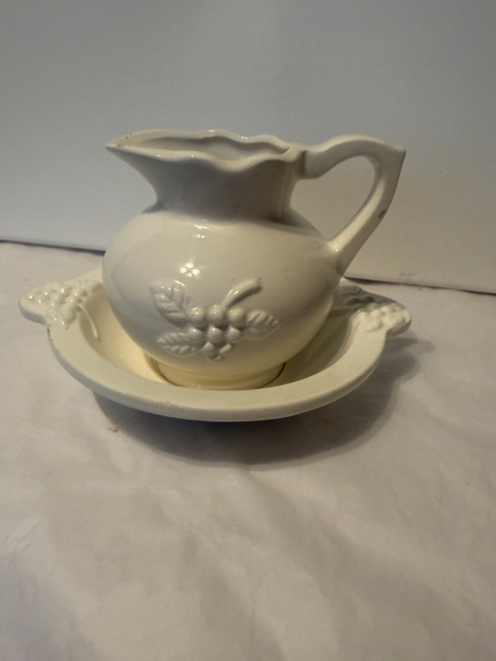 Cream Ceramic Creamer and Saucer Set - Classic White Pitcher with Fruit Motif